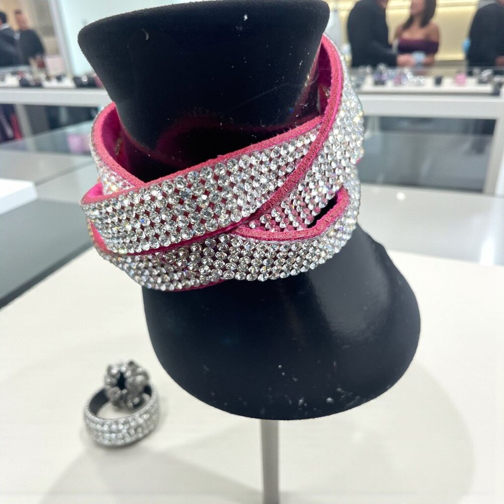 Pink Rhinestone Wrap Bracelet‎ Crystal Cuff Faux Suede Y2K Festival Statement